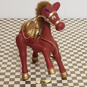 Red Wooden Horse Christmas Ornament Mane and Tail Russ Taiwan Vintage Cute